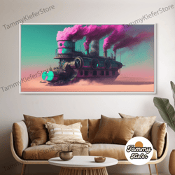 high quality decorative wall art, futuristic steampunk cyberpunk mashup art, steampunk riverboat in a desert, framed can
