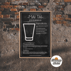 high quality decorative wall art, mai tai cocktail - bar cart art - bar decor - framed canvas print - blueprint art - pa