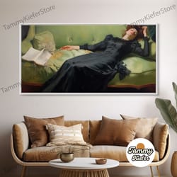 high quality decorative wall art, one of those days, conked out on the couch, decadent young woman, gilded age inspired