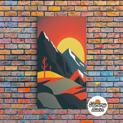 high quality decorative wall art, orange sky and sunset over a mountain landscape, framed canvas print, minimalist abstr