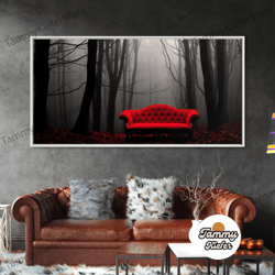 high quality decorative wall art, red sofa in a forest framed canvas print, thought provoking art, framed art, creepy ph