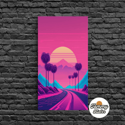 high quality decorative wall art, retro synthwave 80s vibes sunset over the mountains and palm trees, highway, framed ca