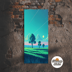 high quality decorative wall art, retrowave landscape pixel art, soothing art, framed canvas print, light pastel sunset
