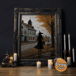 Salem Witch With Her Black Cats, Halloween Landscape Vintage Style Folk Art, Horror Art, Haunted Church, Spooky Village
