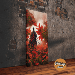 samurai in a japanese maple forest, framed canvas print, ready to hang framed wall art, living room wall hanging