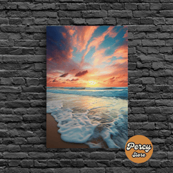 seashore wall art, beach sunset wall art, nautical wall art, canvas print, wall art, vertical art, beach house art, teac