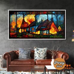 stained glass cottage on fire, canvas print, negative art, house on fire depicted in stain glass, cool wall art