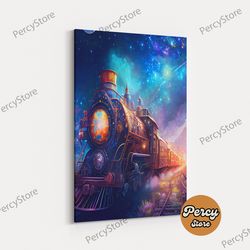 Steampunk Space Train Riding Through Space, Purple Galaxy Art, Framed Canvas Print, Wall Art, Wall Decor