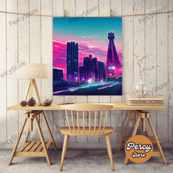 vaporwave aesthetic wall art, cyberpunk city poster art, cool living room art, synthwave wall art, retro 80s style cyber