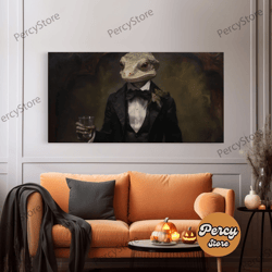 victorian gecko business man, witch's familiar art, halloween decor, framed canvas print, halloween wall art, victorian