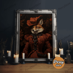 victorian lady fox, framed canvas or canvas print, halloween decor, dark academia, funny halloween decorations