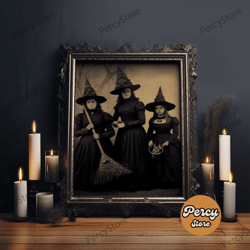 victorian witches, vintage tintype style photograph, framed canvas print, gothic wall art, dark academia, witch art