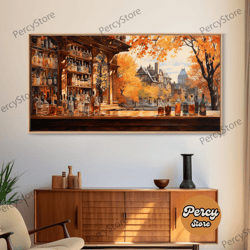 view of fall trees from a rustic bar, home bar, pub decor, framed canvas print wall art, watercolor painting bar decor,