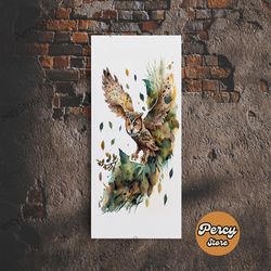 watercolor of an owl in flight, owl portrait, framed canvas print, cool nature wall art