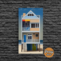 whimsical beach house art, framed canvas print, cute retro beach house painting, wall art