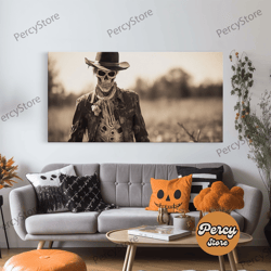 wild west zombie cowboy, creepy halloween decor, framed canvas print, vintage tintype photo art, halloween art print