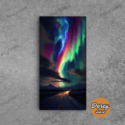 winter road under the aurora borealis, northern lights art, framed canvas print, snow capped mountain landscape art