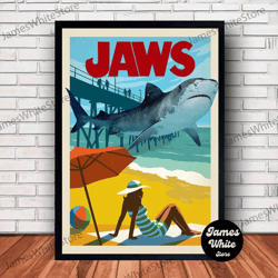 jaws movie poster canvas wall art family decor, home decor, frame option