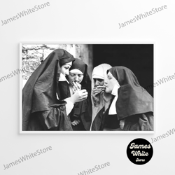 Nuns Smoking Cigarettes Black And White Vintage Retro Photography Wall Art Canvas Framed Poster Printed Wall Art Trendy