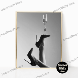 wine glass on high heels black and white vintage retro photo fashion bedroom happy hour bar wall art decor poster canvas