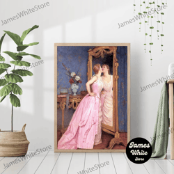woman looking mirror pink dress vanity vintage portrait canvas print poster framed oil painting contemporary retro aesth