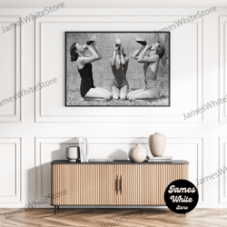 young ladies drinking from bottle retro swimsuits black & white vintage beer wine bar wall poster canvas framed printed