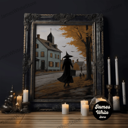 Framed Canvas Ready To Hang, Salem Witch With Her Black Cats, Halloween Landscape Vintage Style Folk Art, Horror Art, Ha