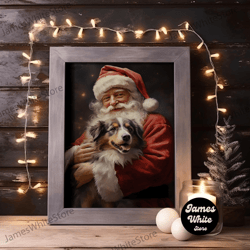 framed canvas ready to hang, santa claus and his australian shepherd, christmas wall art, dog gift, christmas dog, winte