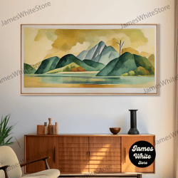 Framed Canvas Ready To Hang, Serene Green Watercolor Landscape, Canvas Print, Abstract Wall Art Of A Lake And Mountains