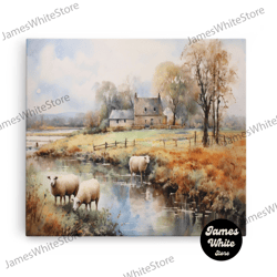 framed canvas ready to hang, sheep grazing by the river, vintage art canvas print, vintage home decor, large canvas wall