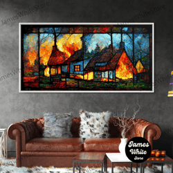framed canvas ready to hang, stained glass cottage on fire, canvas print, negative art, house on fire depicted in stain