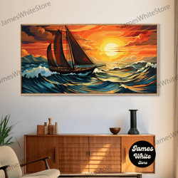 framed canvas ready to hang, stained glass style sailboats canvas prints, nautical decor, nautical art, framed wall art,