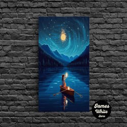 framed canvas ready to hang, starry night, girl wizard lights up the night sky, fantasy art, framed canvas print, fantas