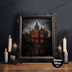 framed canvas ready to hang, the haunted house, spooky halloween art, haunted victorian mansion framed canvas print, hor