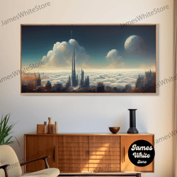framed canvas ready to hang, view from above the clouds, cyberpunk city, futuristic abstract, ready to hang canvas print