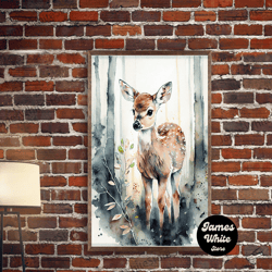 framed canvas ready to hang, watercolor fawn baby deer woods forest fine art print, wall decor, wall poster, wall art pr