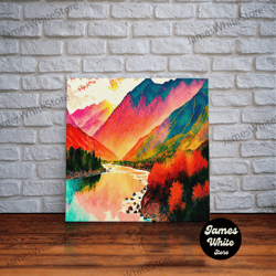 Framed Canvas Ready To Hang, Watercolor Landscape, Rainbow Landscape Art, Framed Canvas Print, Unique Primitive Style La