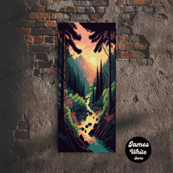 framed canvas ready to hang, whimsical landscape art, framed canvas print, subdued light hues sunset over the mountains