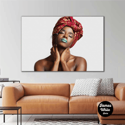 african female model in red skirt turquoise lipstick makeup ethnic roll up canvas, stretched canvas art, framed wall art