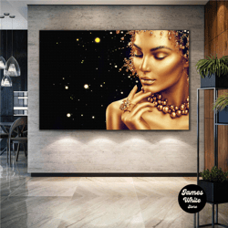 african woman gold pearl necklace and ring roll up canvas, stretched canvas art, framed wall art painting