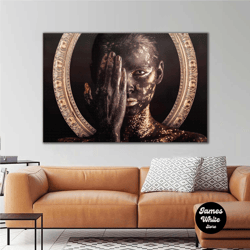 african woman model gold with one eye closed gold makeup roll up canvas, stretched canvas art, framed wall art painting