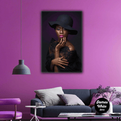 african woman model with black hat with red lipstick roll up canvas, stretched canvas art, framed wall art painting