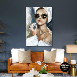 beauty model wearing pink lipstick with gold glasses roll up canvas, stretched canvas art, framed wall art painting