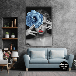 blue rose woman model makeup flower with red lipstick roll up canvas, stretched canvas art, framed wall art painting