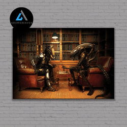 decorative wall art, alien vs predator playing chess wall art, freadtor wall art, alien canvas wall art, living room dec
