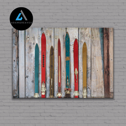 decorative wall art, large old skis on canvas, oversized vintage ski poster, skiing wall art set, mountain house decor,