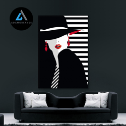 decorative wall art, woman with hat canvas, woman with red lipstick poster, woman wall decor, modern home decor, ready t