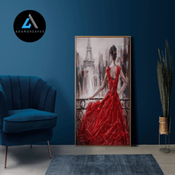 decorative wall art, woman with red dress canvas art, modenr art canvas, living room wall art, woman in paris painting p