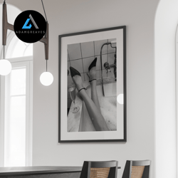 decorative wall art, woman drinking wine in the bathtub print, high heels canvas, black and white wall art, bathroom dec