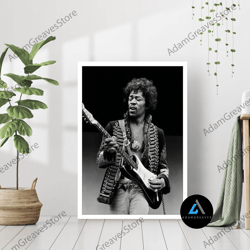 Framed Canvas Ready To Hang, Jimi Hendrix Guitarist Portrait Music Poster Print Retro Black & White Photography Vintage
